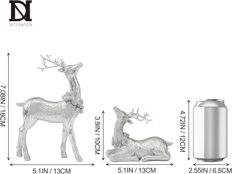 DN DECONATION Christmas Reindeer Figurines, Winter Deer Small Statues Decor, Silver Decorative Reindeer Sculptures, Resin Xmas Holiday Home Décor Accents for Office Living Room & Bedroom 2PCS - Image 3